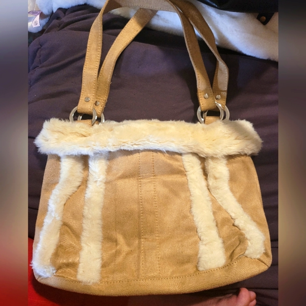 Fur fuzzy furry tan suede material white and brown beige tote shoulder bag